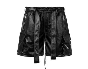 Short vintage en cuir véritable, Short cargo pour homme avec poches, Pantalon de nuit, Short an 2000, Short street style, Short motard, Short gothique