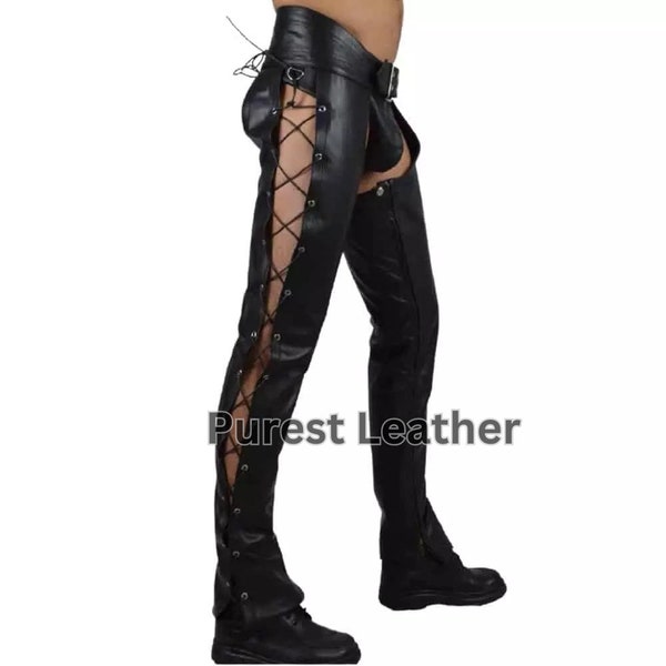 Men Full Side Laces Leather Chaps -  Classic Black Chaps - Punk Patches Chaps - Assless Chaps - Gay Vintage Pants - Trendy Harley Chaps