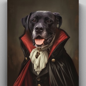 May include: A black dog dressed as a vampire with a red cape, a white cravat, and a gold heart pendant necklace. The dog is looking directly at the viewer with its tongue sticking out.