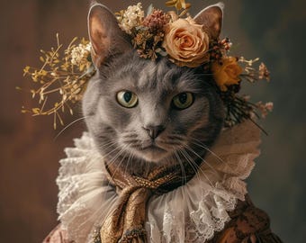May include: A gray cat wearing a white lace collar and a gold scarf. The cat is wearing a crown of dried flowers, including roses and yellow flowers.