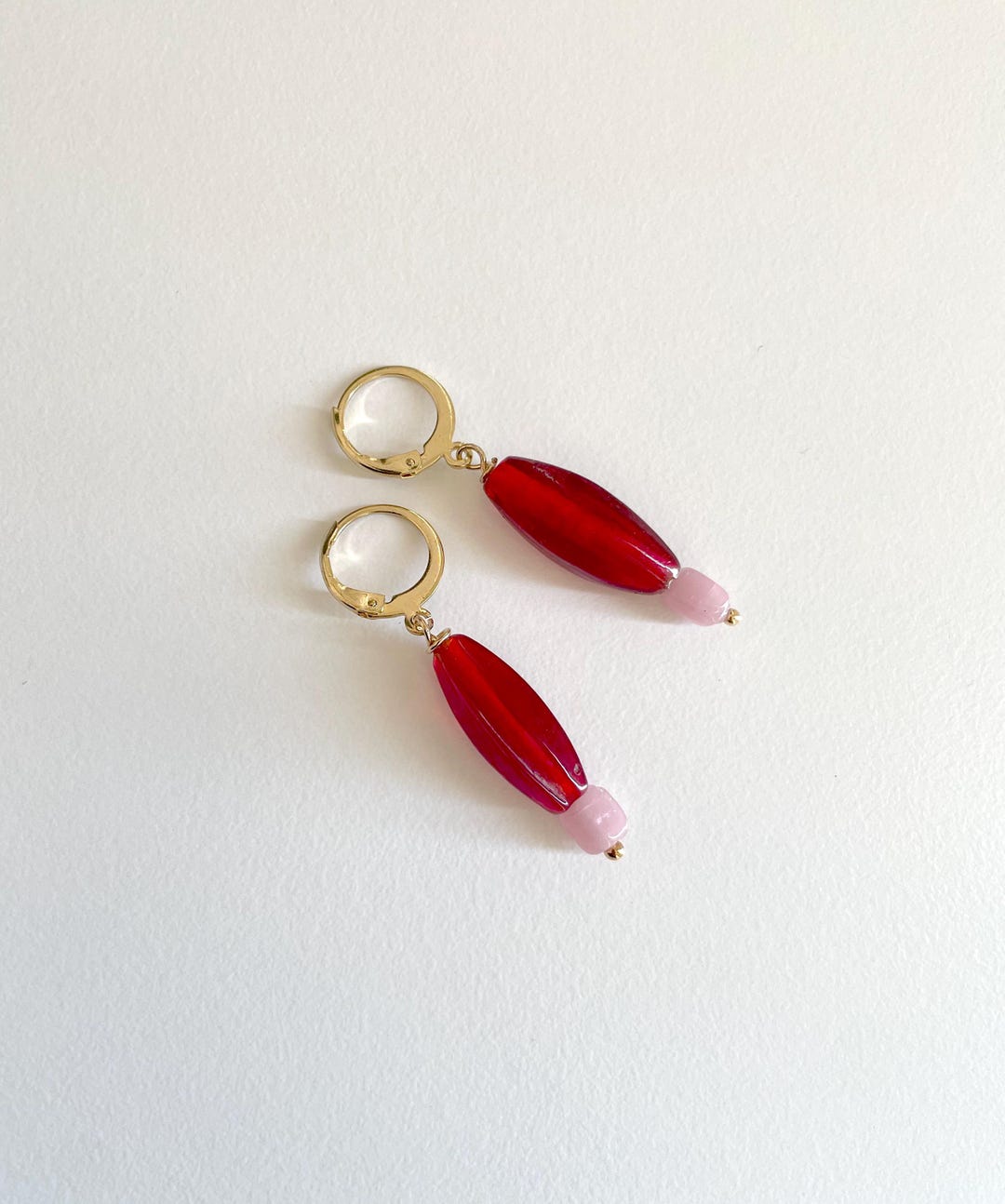 Red Dangle Red Dangle Earrings, 18K Gold Plated Hoops With Cherry Red and Pink ...