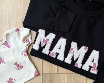 Personalized MAMA sweatshirt keepsake with baby or loved ones clothes, blanket or fabric. Custom colors and name sweater