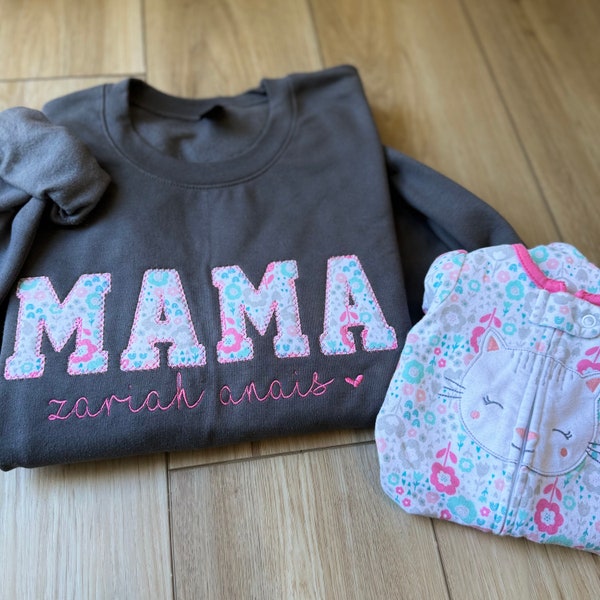 Personalized mama sweatshirt keepsake with names and baby or loved ones clothes