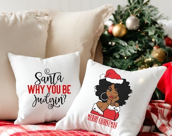 Cuscino natalizio divertente: design di Babbo Natale che giudica, decorazioni per la casa per le feste