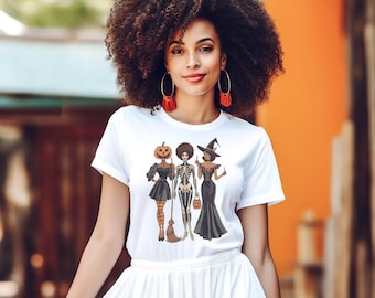 Black Girl Halloween Trio Shirt, Vintage Style Festive Tee, Black Women Halloween Graphic Shirt, Melanin Halloween Tee, Spooky Season Tee