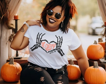 Be Creepy With Me Halloween Shirt, Skeleton Hands Heart Tee, Cute Halloween Shirt, Matching Couple Tee,  Halloween Graphic Tee