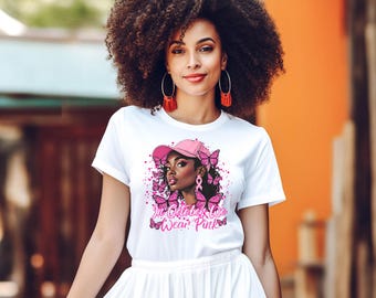 Breast Cancer Awareness Tee: Afro Woman Pink Butterflies Graphic