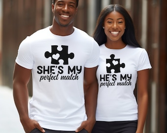 Camiseta combinando para casais, presente de Dia dos Namorados, estampa de peças de quebra-cabeça