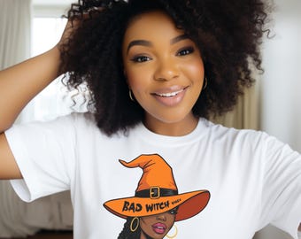 Bad Witch Vibes Halloween Tee, Black Girl Witch Shirt, Afro Witch T-shirt, Halloween Shirt, Spooky Season Gift, Black Women Halloween Shirt