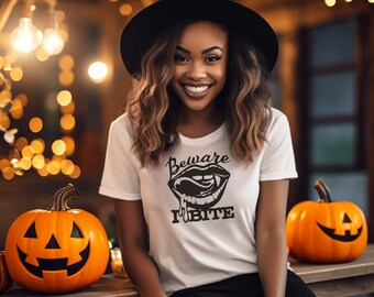 Beware I Bite T-shirt, Vampire Halloween Shirt, Funny Vampire Tee for Women, Spooky Season Halloween Graphic Shirt