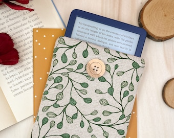 Leaves Kindle sleeve - Botanical Kindle cover, white and green padded Kindle pouch| Book lover gift
