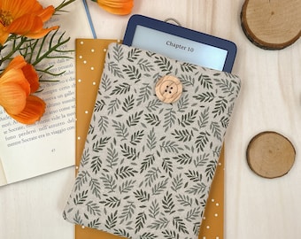 Leaves Kindle sleeve - Botanical Kindle cover, white and green padded Kindle pouch| Book lover gift