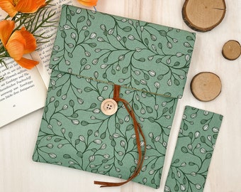 Blätter Buchhülle: Verstellbare Buchhülle aus Baumwolle mit Lesezeichen