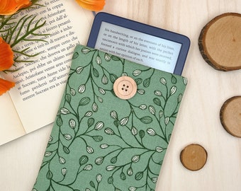 Leaves Kindle sleeve - Botanical Kindle cover, white and green padded Kindle pouch| Book lover gift