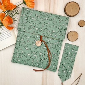 Protège-livre Leaves, Pochette de livre botanique réglable, Cartable vert, Cadeau livresque avec signet gratuit inclus, Custodia portalibro in stoffa