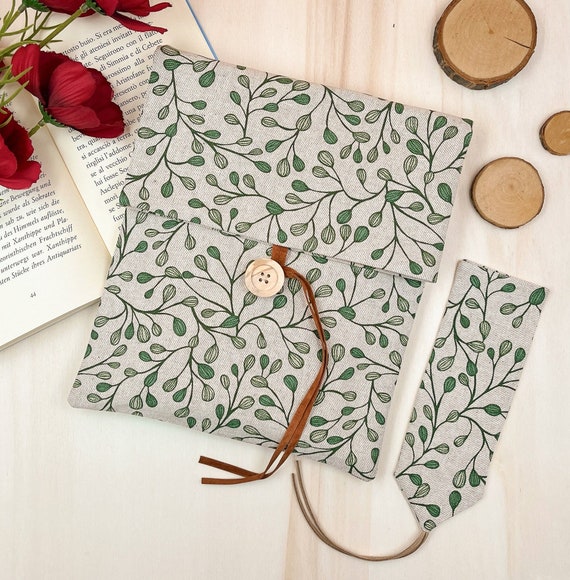 Leaves book sleeve - Adjustable botanical  book pouch, white book bag | Book lover gift, Custodia portalibro in stoffa | FREE BOOKMARK!