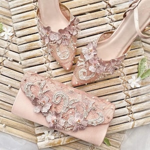 Conjunto de zapatos de fiesta para mujer en oro rosa, tacones de bloque y cartera de mano, zapatos de boda para mujer, zapatos de novia para mujer personalizados