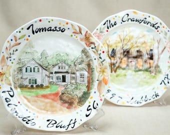 Custom House Portrait Decorative Plate Pesonalized 28cm 11" Handpainted Ceramic Platter Housewarimg Gift Mermorial Family Gift Fruit Bowl