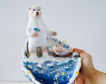 Handmade Polar Bear and Seal Ceramic Sculpture IPad&Phone Holder Kindle Tablet/Stand Trinket Dish Entryway Organizer Handpainted tray gift