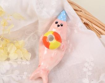 Sweet Pink Seal Cake Topper Birthday Celebration Ceramic Candle Holder Blue Party Hat Beach Ball Ocean Party Table Display Hand Painted