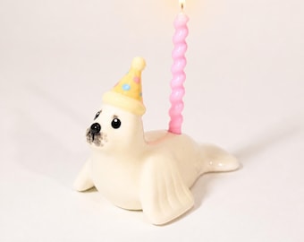 Cream Seal Cake Topper Ceramic Birthday Candle Holder Pink Spiral Candle Yellow Pastel Party Hat Whimsical Animal Cake Decor Handmade Gift