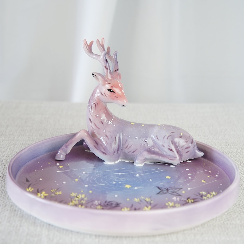 Handpainted Purple Christmas Deer Ceramic Plate Celestial Winter Forest Ceramic Tray Whimsical Decor Magic Goblincore Pottery Dish image 5