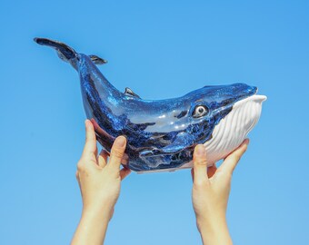 Ceramic Whale Sculpture Green&blue Whale Ornament Whale Sculpture