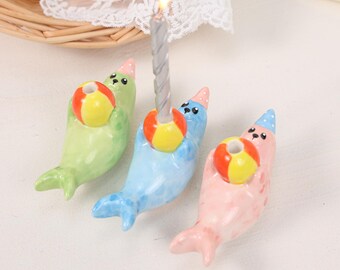 Colorful Seal Beach Cake Topper Hand Painted Ceramic Candle Holder Pink Blue Green Beach Ball Kawaii Playful Birthday Celebration