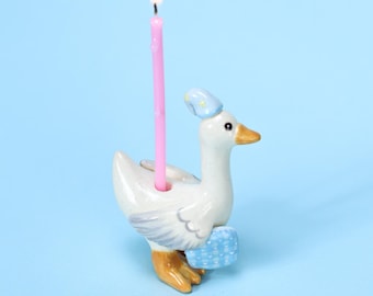 Blue Nightcap Ceramic Goose Cake Topper Handmade Porcelain Figurine Cute Animal Collectable Heirloom Candle Holder Hand Painted Figurine Y2K