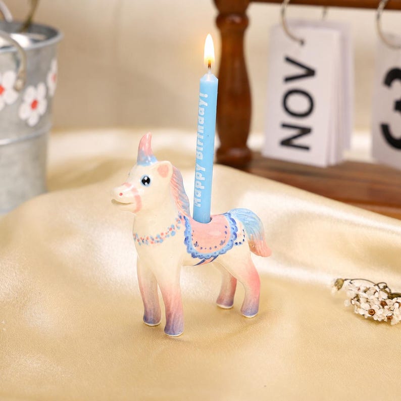 Handmade Ceramic Unicorn Cake Candle Holder - Cute Unicorn with Pastel Party Hat, Unique Cake Topper for Birthdays and Special Occasions image 1
