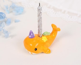 Orange Whale Cake Topper Hand Painted Ceramic Candle Holder Cute Star Ocean Animal Birthday Decoration Undersea Party Gift