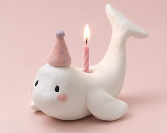 White Whale Cake Topper Birthday Party Celebration Pink Spotted Hat Ceramic Whimsical Playful Cute Storybook Ocean Table Display