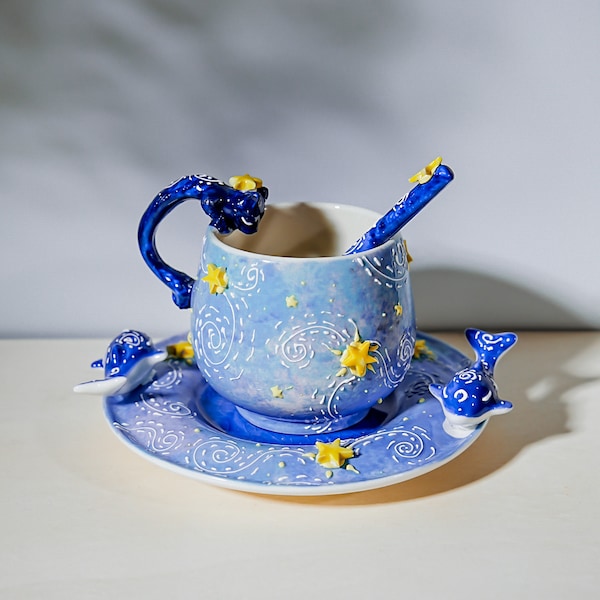 Starry Night Ceramic Whale Tea Set with Blue Cat Handle | Whale Cosater set | Cute Ocean Spoon | Celestial Coffee Cup | Crackle Glaze |