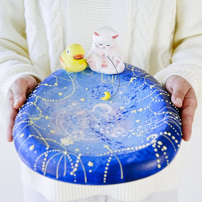 Celestial Ceramic Catchall with Fishing Cat and Yellow Duck Y2K Handmade Starry Galaxy Magic Design PotteryTrinket HolderPerfect gift image 6