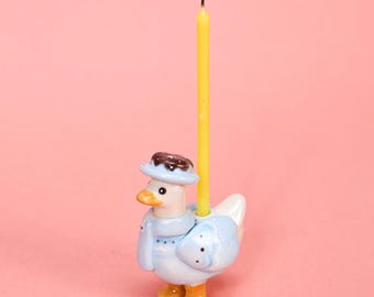 Blue Gentlemen Goose Cake Topper Hand Painted Porcelain Figurine Chocolate Collectable Heirloom Art Birthday Candle Holder Handmade Animal