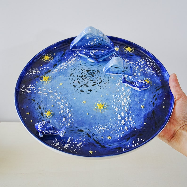 Blue tea set ocean ceramic whlae tea set with 3 whale tea cups, 1 tea pot, large handmade whale plate gift for her housewarmig gift tray