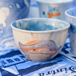Whale Coffee Cup Ocean Tea Cup Hand-Painted Cosmic Ceramic Cup Starry Night Blue Glaze & Dawn Orange Illustration Unique Gift Home Decor image 1
