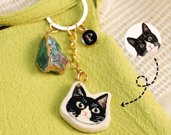 Personalisiertes Haustierporträt-Schlüsselbund-handbemaltes keramisches Andenken-kundenspezifischer Birthstone&Initial Charme einzigartiges Geschenk für Haustier-Liebhaber Dosg-Denkmal-Anhänger