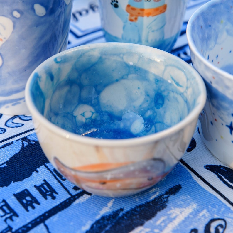 Whale Coffee Cup Ocean Tea Cup Hand-Painted Cosmic Ceramic Cup Starry Night Blue Glaze & Dawn Orange Illustration Unique Gift Home Decor image 7