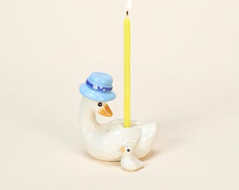 Handmade Blue Hat Ceramic Goose Cake Toppers Handpainted Porcelain Candle Holders Collectible Figurine Family Party Decor Animal Shaped Gift