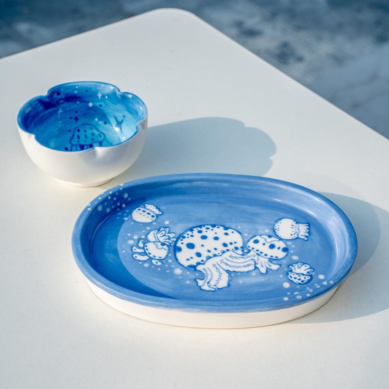 Celestial Jellyfish Glide Jewelry Plate Handmade Ceramic Ocean Blue