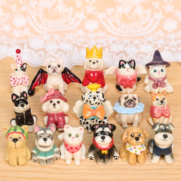 Figura de mascota personalizada con ropa y accesorios, adorno para tarta de perro o gato personalizado, figura de cerámica hecha a mano, regalo único de cumpleaños o boda.