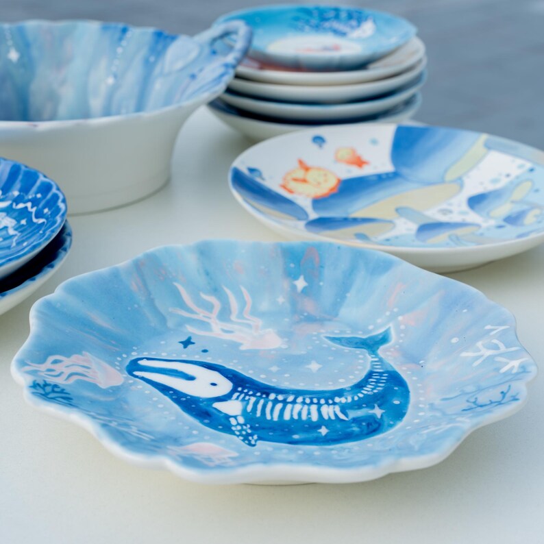 Celestial Whale Journey Ring Dish Handcrafted Scalloped Edge Ceramic