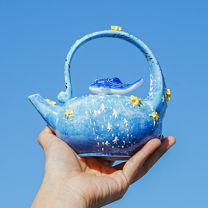 Blue tea set ocean ceramic whlae tea set with 3 whale tea cups, 1 tea pot, large handmade whale plate gift for her housewarmig gift teapot