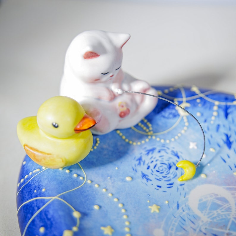 Celestial Ceramic Catchall with Fishing Cat and Yellow Duck Y2K Handmade Starry Galaxy Magic Design PotteryTrinket HolderPerfect gift image 4