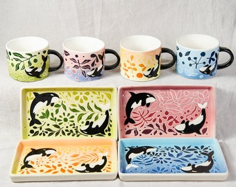 Juego de taza y bandeja de cerámica con diseño de orca, taza de café rústica, plato para joyas de estilo campestre, plato para anillos con temática de las cuatro estaciones, taza de café expreso, regalo para amantes de la vida marina