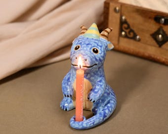 Blue Dragon Cake Topper Ceramic Birthday Candle Holder Handmade Dragon Figurine Fantasy Party Decor Storybook Cake Decoratio