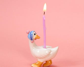 Blue Knit Hat Ceramic Goose Cake Topper Hand Painted Birthday Candle Holder Handmade Porcelain Figurine Cottagecore Party Collectible Gift