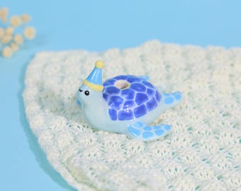 Dreamy Blue Sea Turtle Cake Topper Glossy Ceramic Candle Holder Starry Ocean Birthday Party Hat Coastal Baby Shower Keepsake Gift