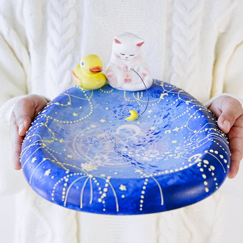Celestial Ceramic Catchall with Fishing Cat and Yellow Duck Y2K Handmade Starry Galaxy Magic Design PotteryTrinket HolderPerfect gift image 9